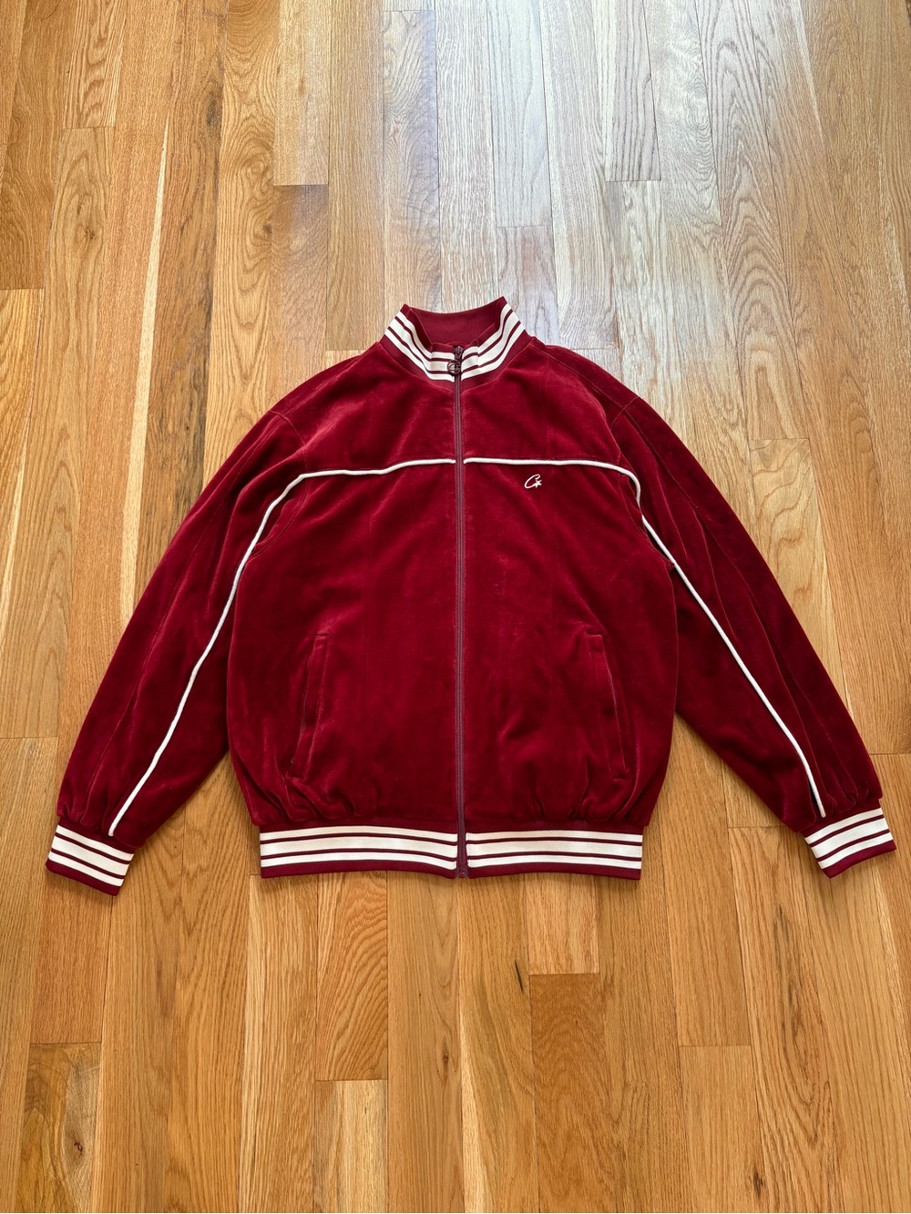 Corteiz VVS Uptown Velour Track Jacket Full Zip SS24 Velvet Burgundy Red Large